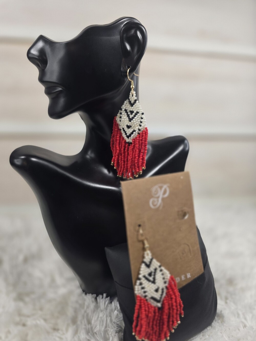 Beaded Red and Ivory Fringe Drop Earrings - Lightweight Statement Jewelry
